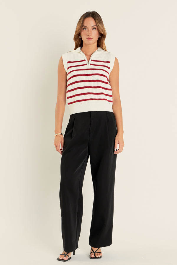 english factory Stripe Half Zip Up Sleeveless Knit Top WHITE/BURGUNDY
