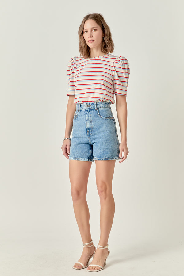 English Factory Stripe Knit Puff Sleeve Shirt CREAM MULTI