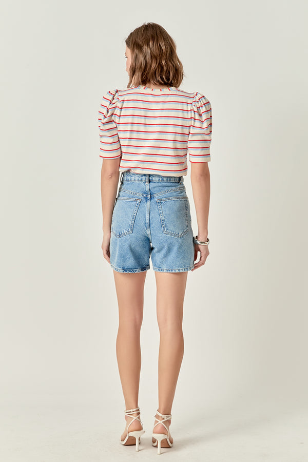 English Factory Stripe Knit Puff Sleeve Shirt CREAM MULTI