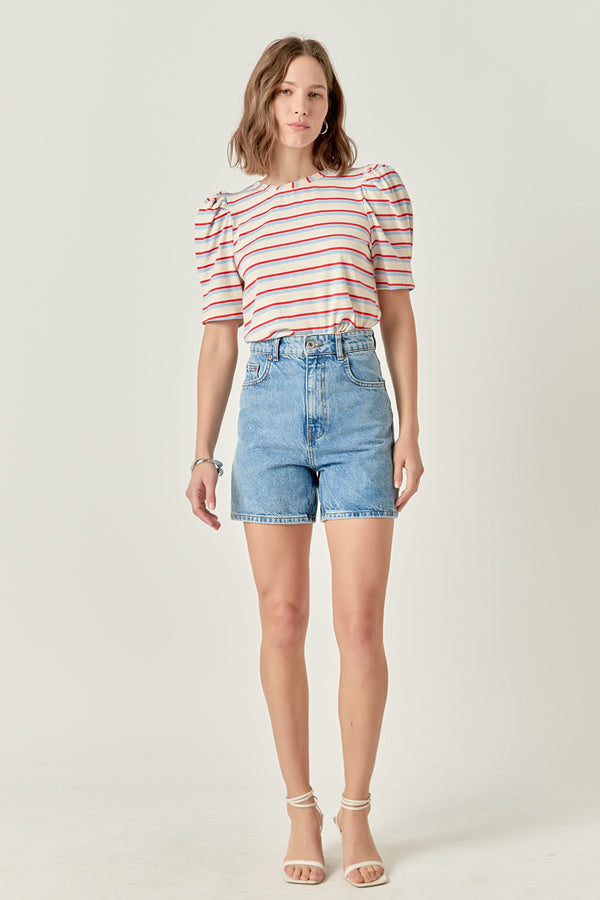 english factory Stripe Knit Puff Sleeve Shirt CREAM MULTI