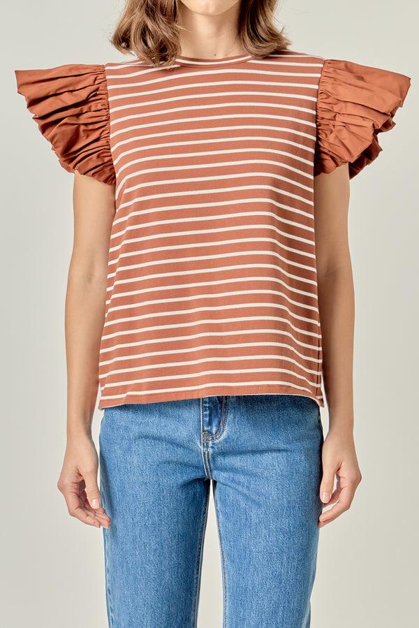 English Factory Stripe Knit With Poplin Puff Sleeve Top BROWN/WHITE