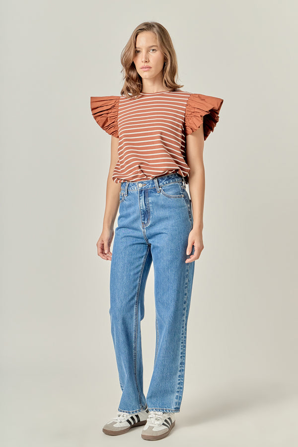 English Factory Stripe Knit With Poplin Puff Sleeve Top BROWN/WHITE