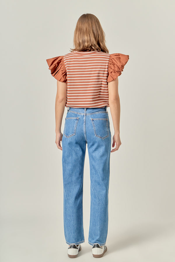 English Factory Stripe Knit With Poplin Puff Sleeve Top BROWN/WHITE