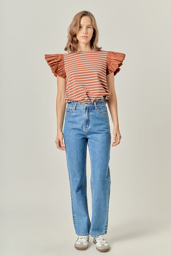 english factory Stripe Knit with Poplin Puff Sleeve Top BROWN/WHITE