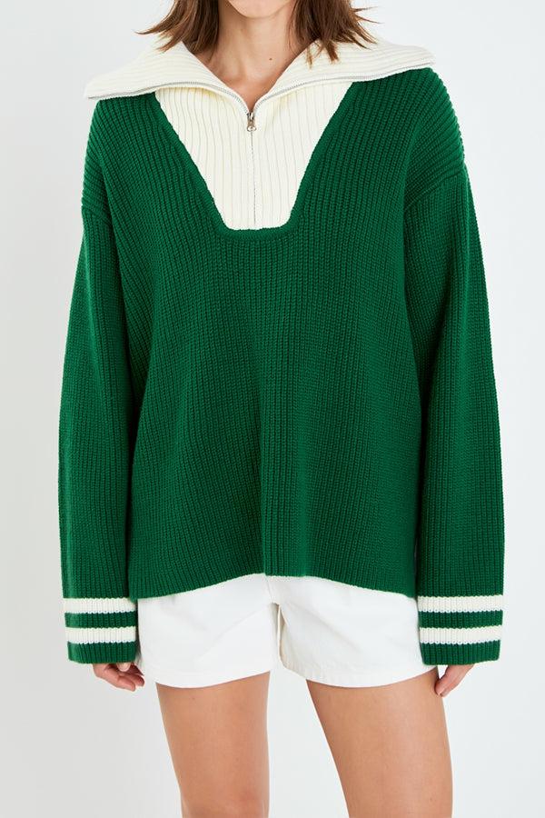English Factory Stripe Knitted Half Zip Up Sweater DARK GREEN/WHITE