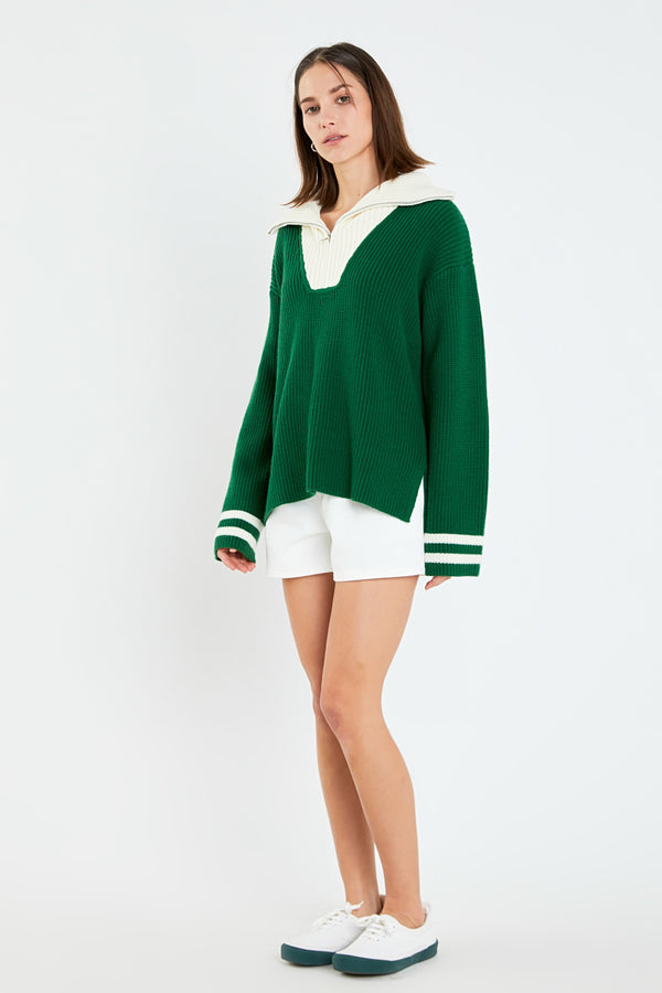 English Factory Stripe Knitted Half Zip Up Sweater DARK GREEN/WHITE