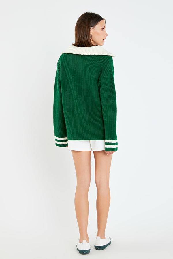 English Factory Stripe Knitted Half Zip Up Sweater DARK GREEN/WHITE