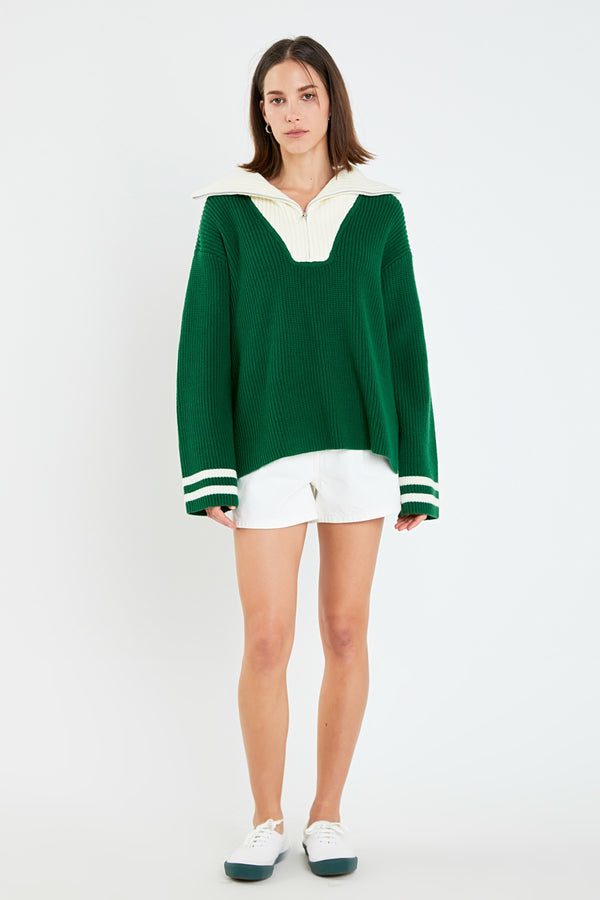 english factory Stripe Knitted Half Zip up Sweater DARK GREEN/WHITE