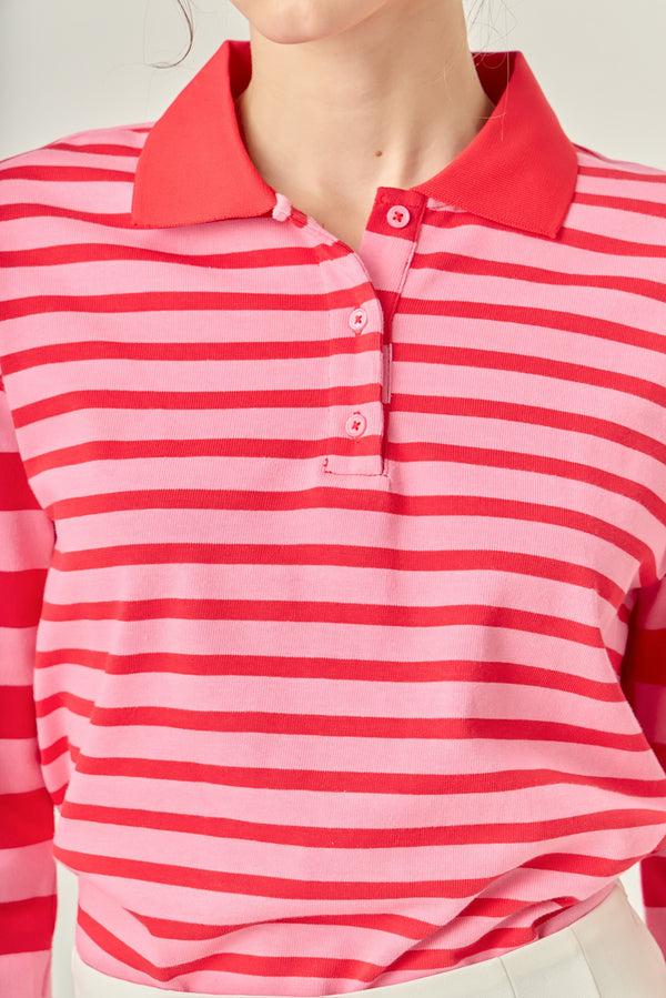 English Factory Stripe Long Sleeve Collared Knit Top PINK/RED