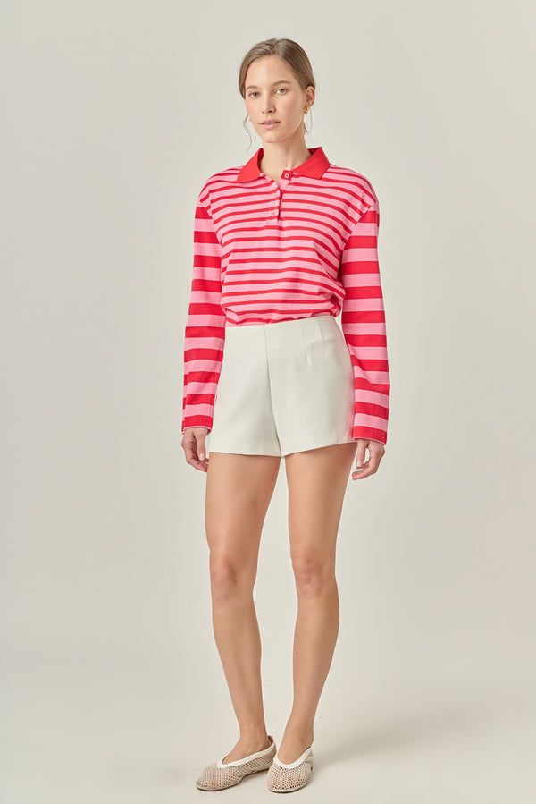 English Factory Stripe Long Sleeve Collared Knit Top PINK/RED