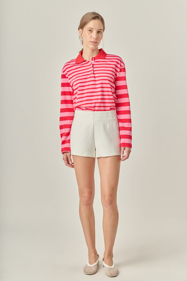 english factory Stripe Long Sleeve Collared Knit Top PINK/RED