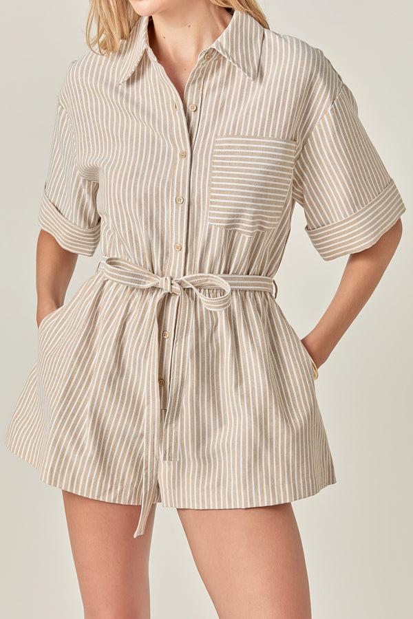 English Factory Stripe Oxford Fabric Romper TAN STRIPE