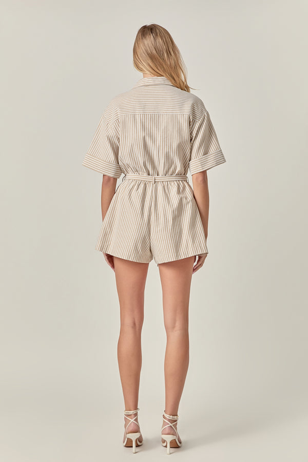 English Factory Stripe Oxford Fabric Romper TAN STRIPE