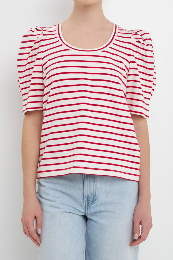 English Factory Stripe Pleated Puff Sleeve Top WHITE/BLACK