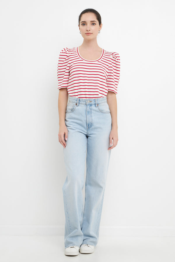 english factory Stripe Pleated Puff Sleeve Top WHITE/BLACK