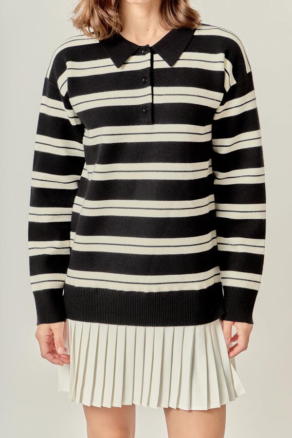 English Factory Stripe Polo Mixed Media Mini Dress BLACK/CREAM