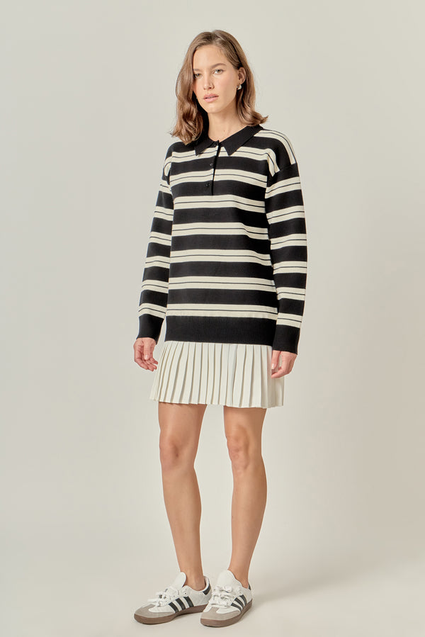 English Factory Stripe Polo Mixed Media Mini Dress BLACK/CREAM