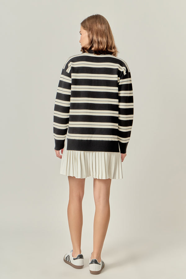 English Factory Stripe Polo Mixed Media Mini Dress BLACK/CREAM