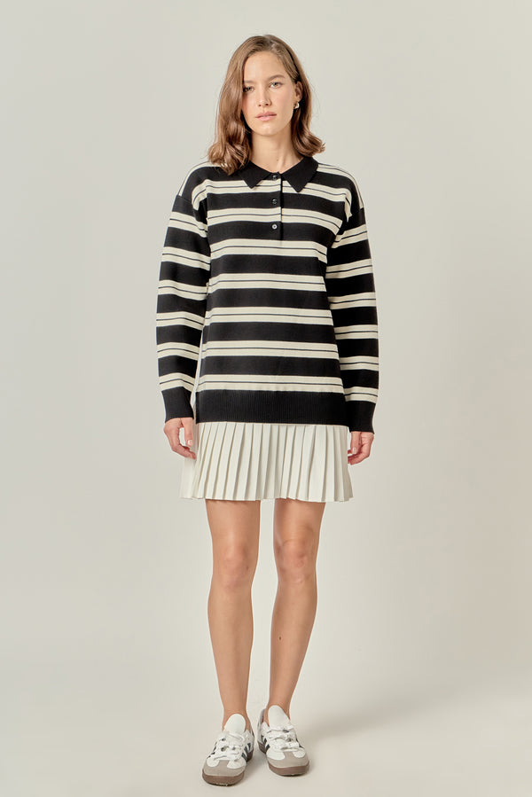 english factory Stripe Polo Mixed Media Mini Dress BLACK/CREAM