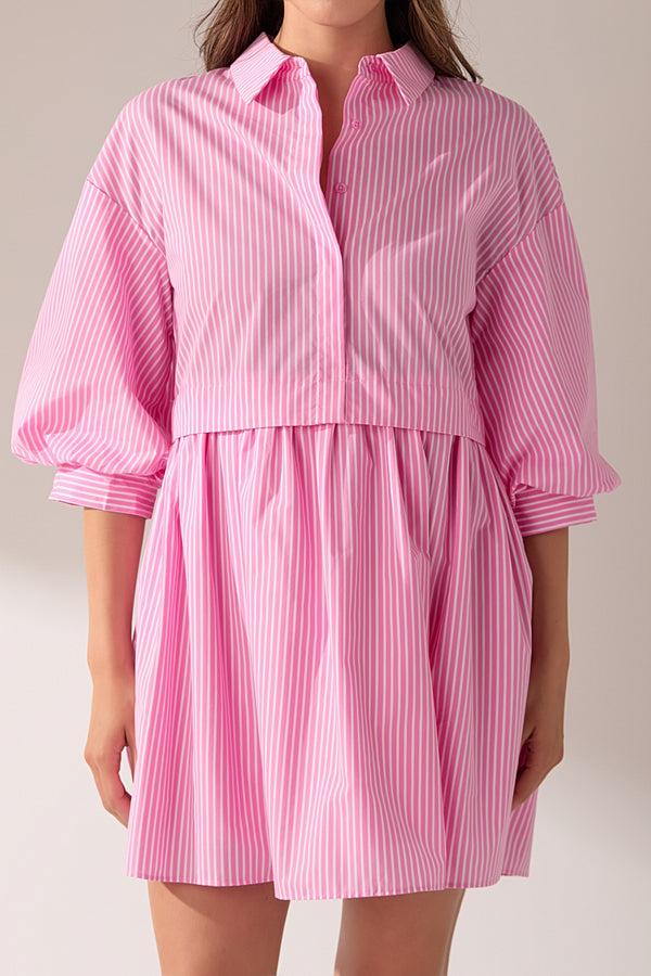English Factory Stripe Puff Sleeve Shirt Dress PINK STRIPES