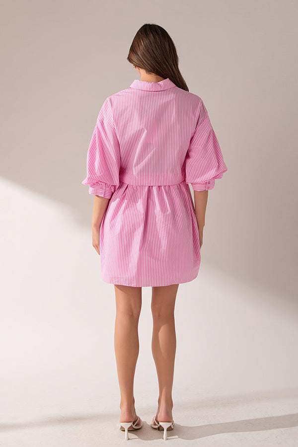 English Factory Stripe Puff Sleeve Shirt Dress PINK STRIPES