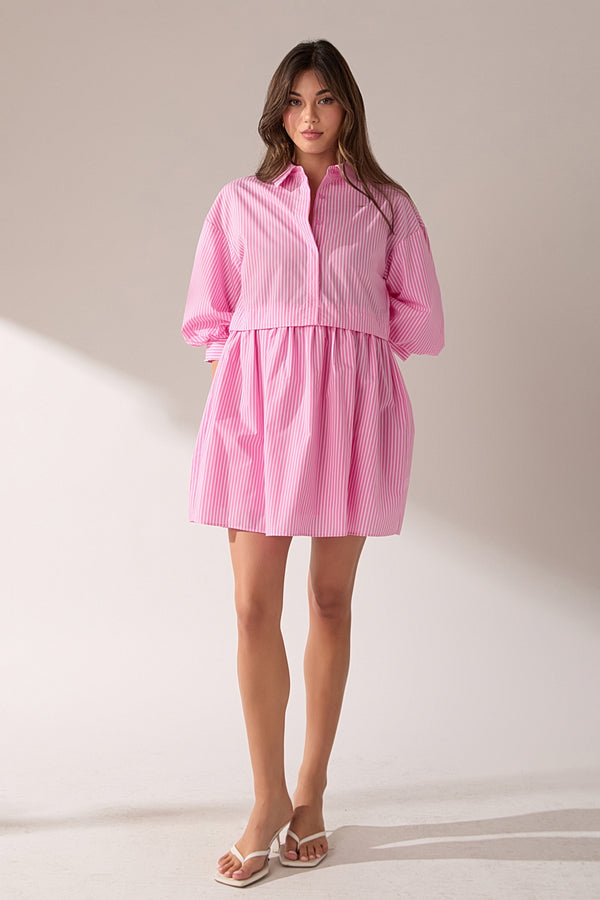 english factory Stripe Puff Sleeve Shirt Dress PINK STRIPES