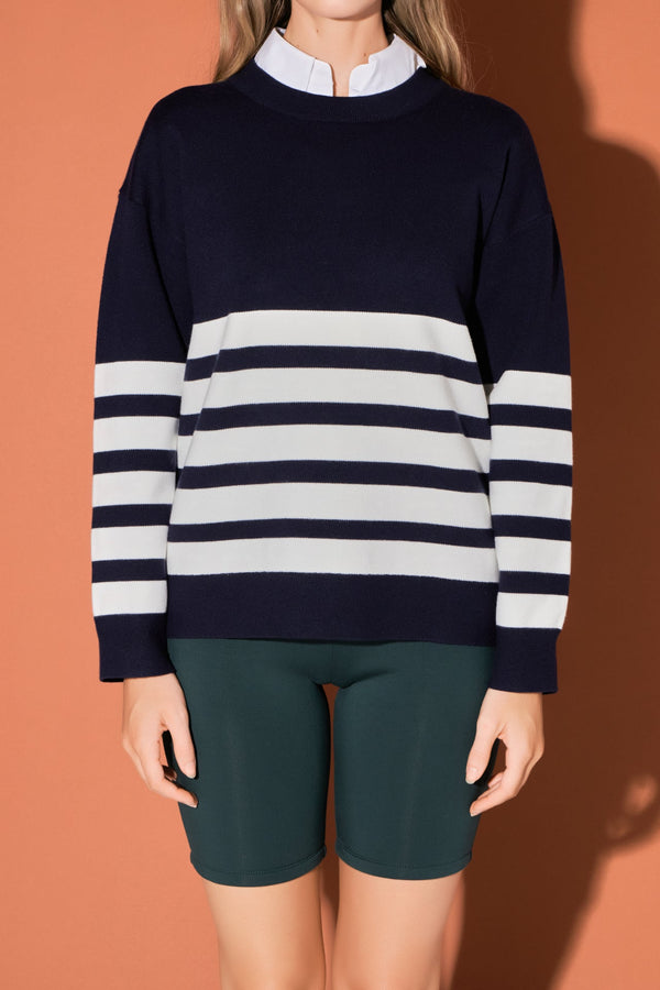 English Factory Stripe Round Neck Sweater NAVY/WHITE