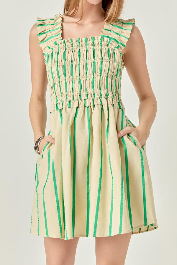 English Factory Stripe Ruffled Midi Dress BEIGE/GREEN