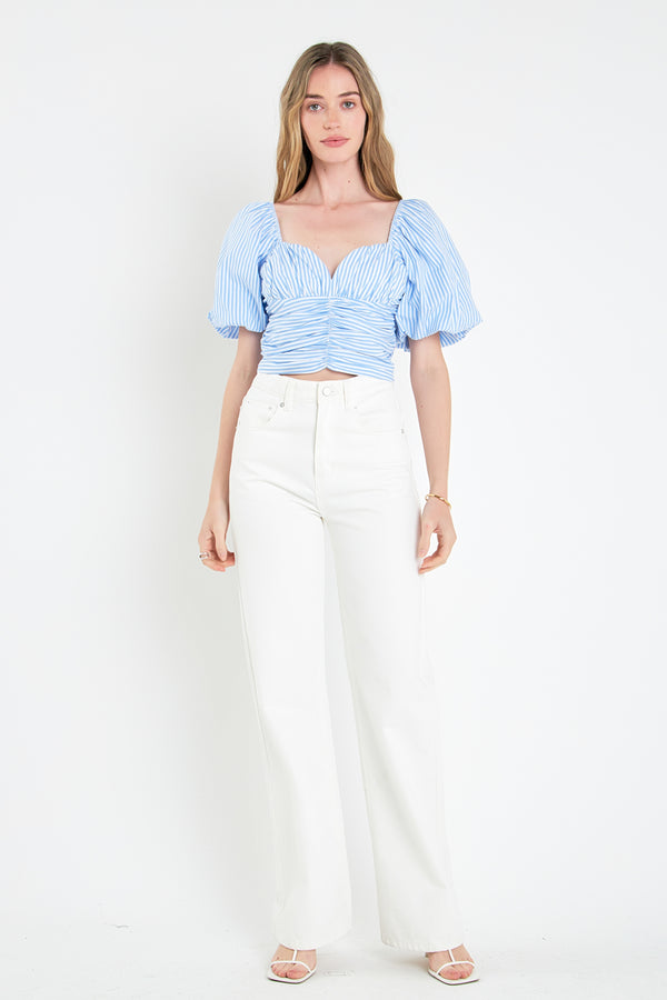 english factory Stripe Shirred Detail Top BLUE STRIPE