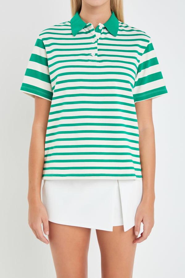 English Factory Stripe Short Sleeve Collared Knit Top GREEN