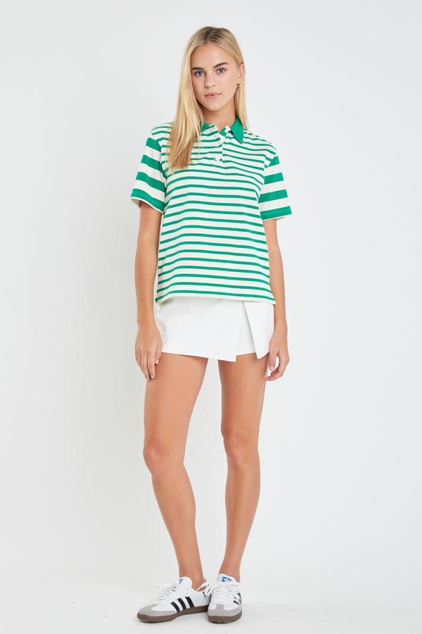 english factory Stripe Short Sleeve Collared Knit Top GREEN