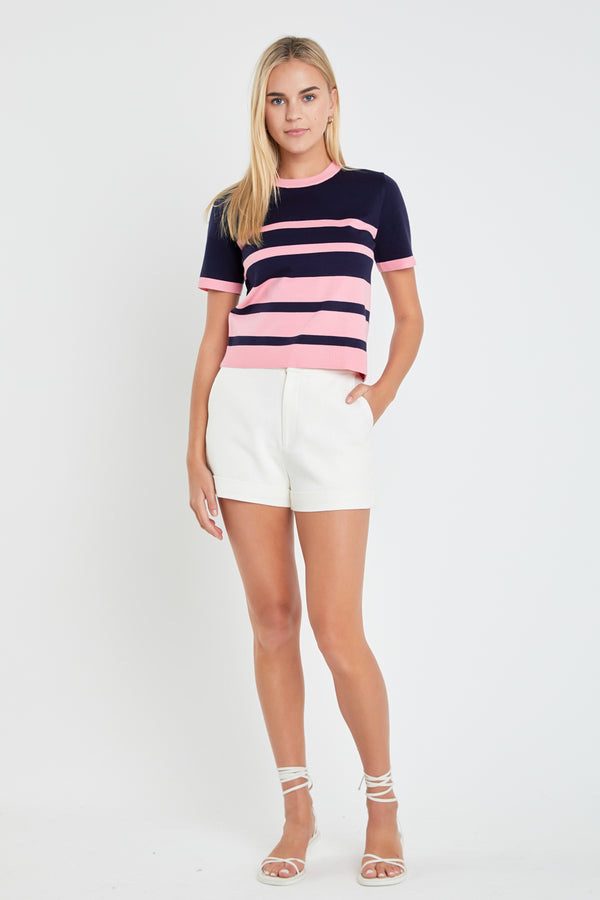 english factory Stripe Short Sleeve Knit Top IVORY/NAVY