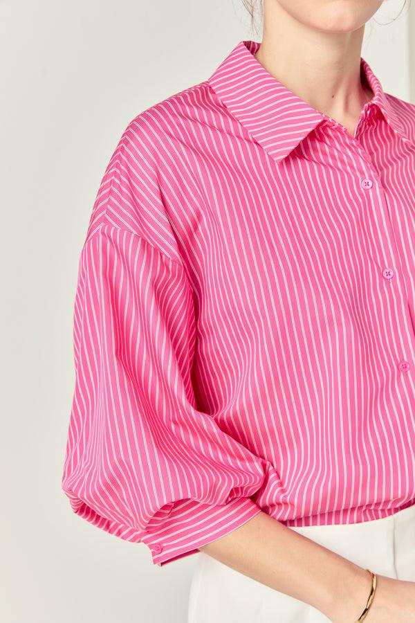 English Factory Striped Balloon Sleeve Collared Shirt FUCHSIA