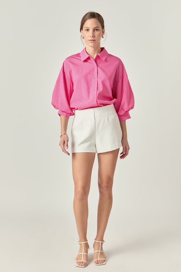 english factory Striped Balloon Sleeve Collared Shirt FUCHSIA