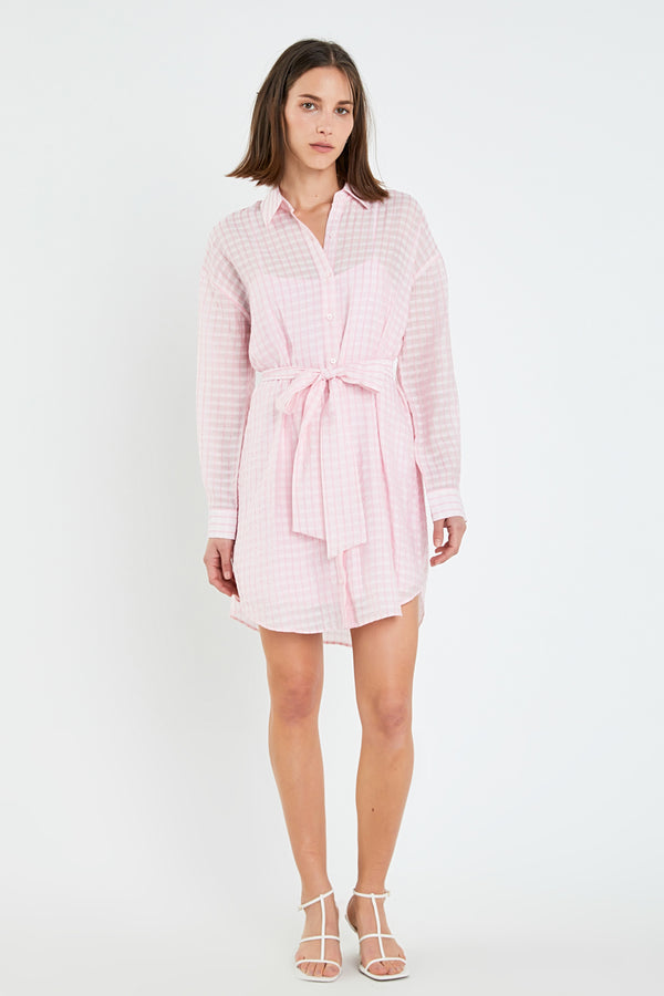 english factory Striped Belted Tunic Shirt Dress PINK