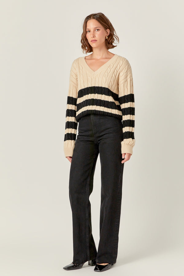 English Factory Striped Cable Knit Sweater BEIGE/BLACK