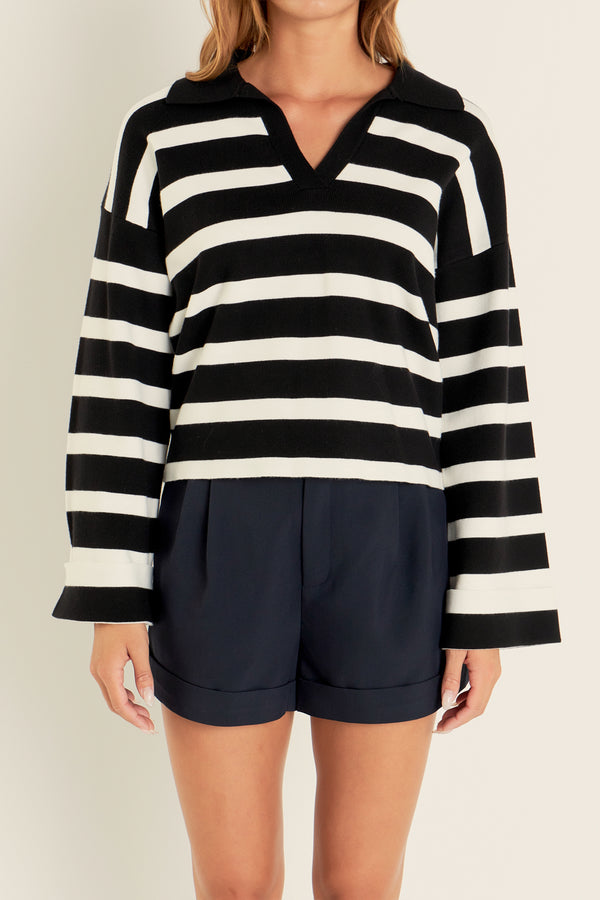 English Factory Striped Collared Cropped Sweater BLACK/WHITE