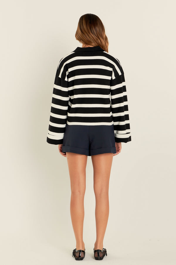 English Factory Striped Collared Cropped Sweater BLACK/WHITE