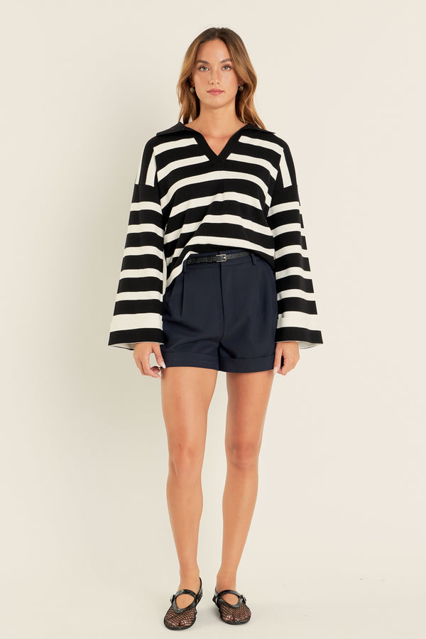 english factory Striped Collared Cropped Sweater BLACK/WHITE