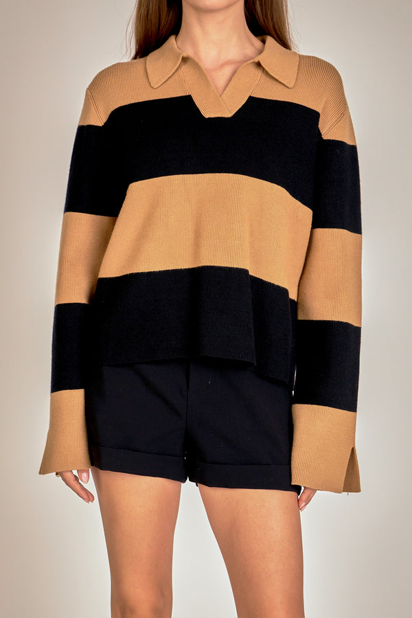 English Factory Striped Collared Knit Sweater CAMEL/BLACK