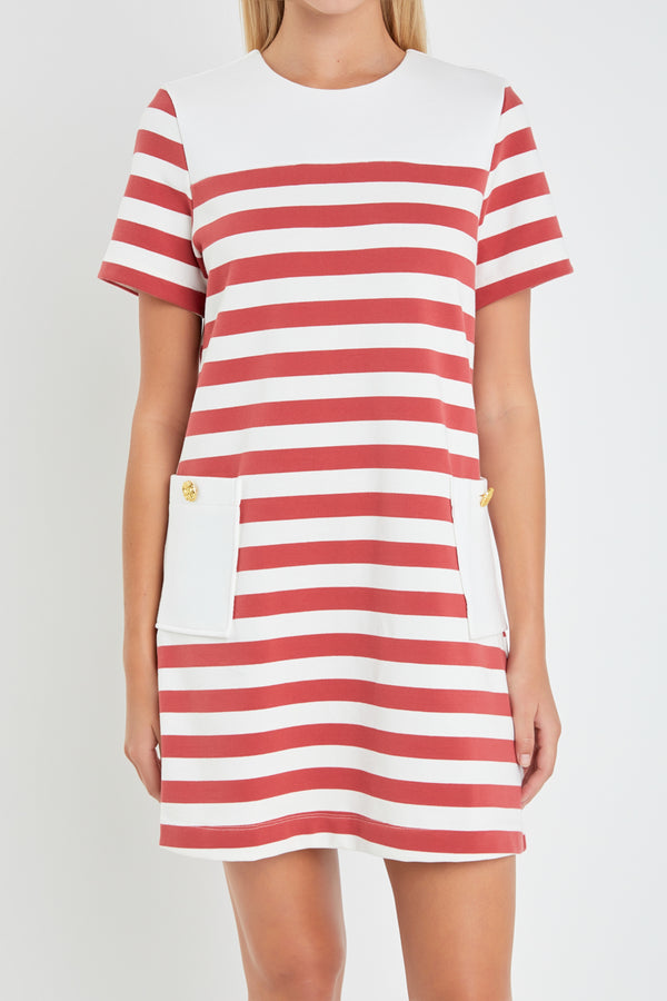English Factory Striped Dress With Patch Pockets WHITE/RED