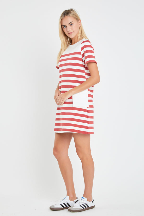 English Factory Striped Dress With Patch Pockets WHITE/RED