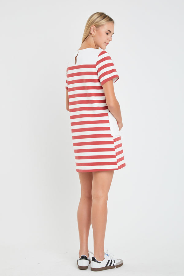 English Factory Striped Dress With Patch Pockets WHITE/RED