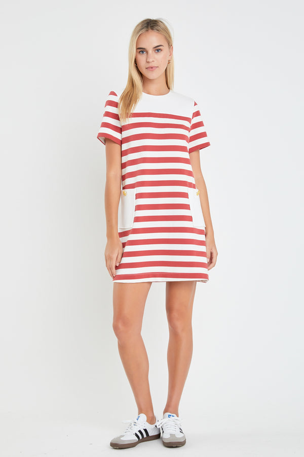 english factory Striped Dress with Patch Pockets WHITE/RED