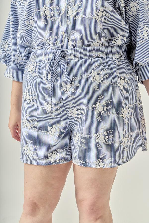 English Factory Striped Embroidered Cotton Shorts With Waist Tie BLUE/WHITE