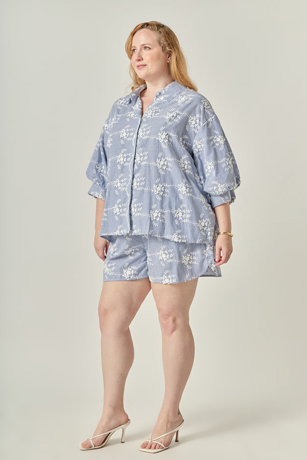 English Factory Striped Embroidered Cotton Shorts With Waist Tie BLUE/WHITE