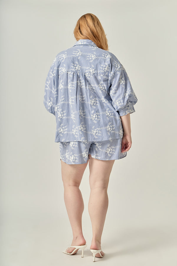 English Factory Striped Embroidered Cotton Shorts With Waist Tie BLUE/WHITE