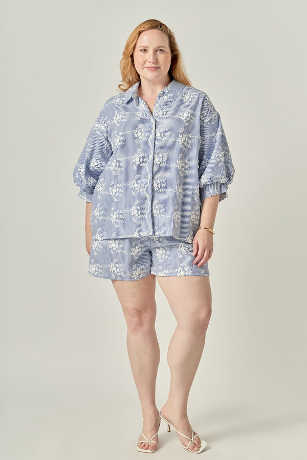 english factory Striped Embroidered Cotton Shorts with Waist Tie BLUE/WHITE