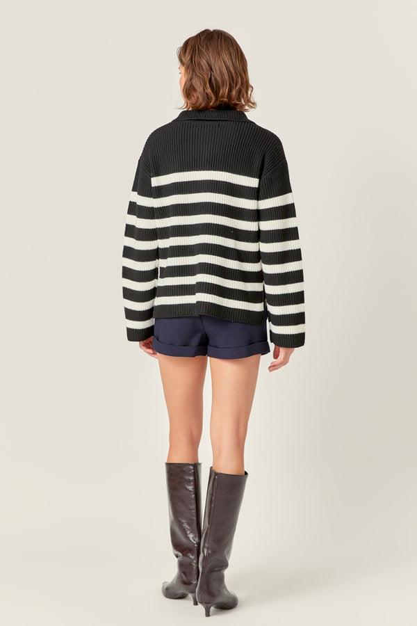 English Factory Striped Half-Zip Knitted Sweater BLACK/WHITE