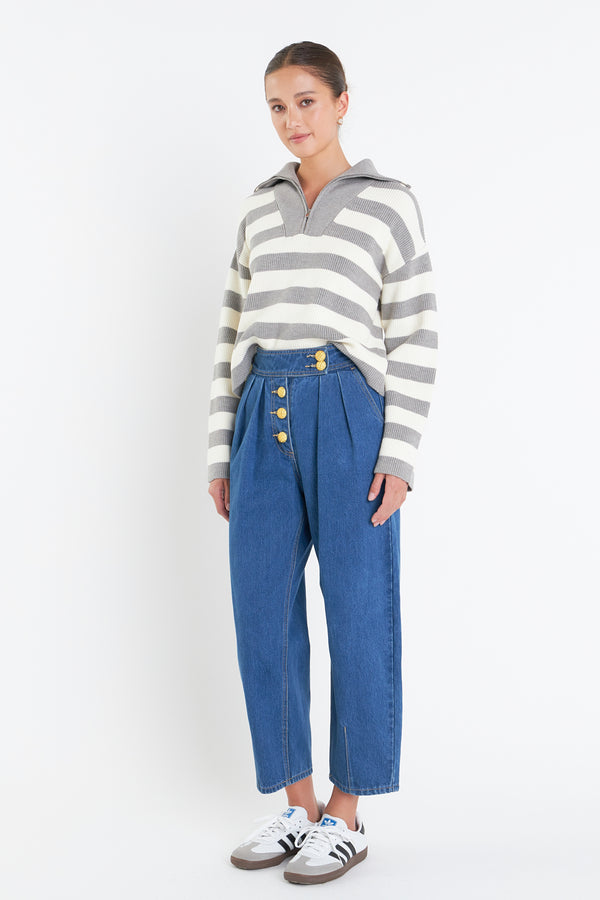 English Factory Striped Half-Zip Sweater GREY/IVORY